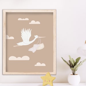 Stork Baby Delivery Neutral Nursery Wall Art Print