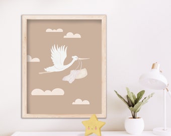 Stork Baby Delivery Neutral Nursery Wall Art Print
