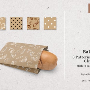Patrón y imagen prediseñada de panadería, Papel digital de panadería, Ilustración de panadería, Papel de panadería, Envoltorio de panadería, Papel para hornear, Patrón sin costuras de panadería