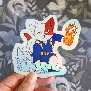 Fire and Ice Hero Anime Cat Holographic Vinyl Sticker