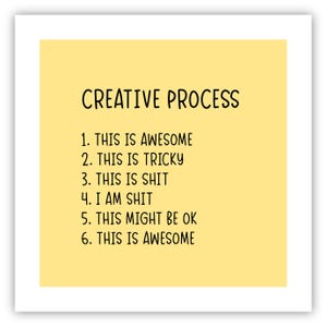 Può includere: Stampa quadrata con sfondo giallo e testo nero. Il testo recita "CREATIVE PROCESS" seguito da un elenco numerato: "THIS IS AWESOME", "THIS IS TRICKY", "THIS IS SHIT", "I AM SHIT", "THIS MIGHT BE OK" e "THIS IS AWESOME".