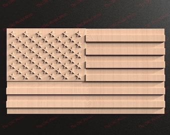 May include: A wooden cutout of the American flag with a light brown wood grain. The stars are carved into the wood and the stripes are raised.