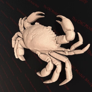 May include: A detailed 3D printed model of a crab, rendered in a light beige colour. The crab is posed with its claws raised, as if it is about to pinch.