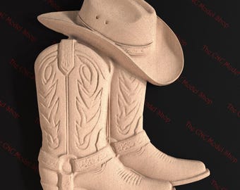 Cowboy Boots and Hat 3D STL Relief File for CNC Router Carving or 3D Resin Printing - Western Wall Art Digital Model