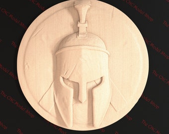 Spartan Helmet on Shield wall art, 3d stl relief file for cnc router carving, engraving or 3D printing