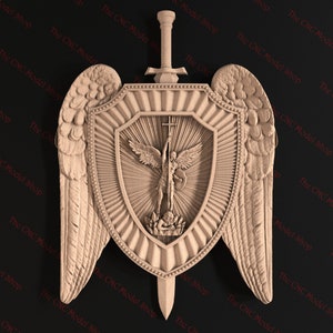 Archivo STL en relieve 3D del escudo del Arcángel Miguel para tallado CNC