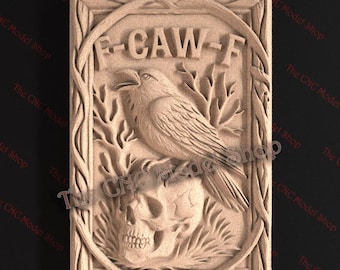 F CAW F Raven Skull Sign 3D Relief STL File for CNC Router Carving or 3D Resin Printing Gothic Decor