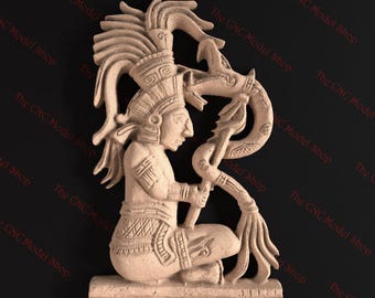 Mayan Warrior with Feathered Serpent 3D STL Relief File for CNC Router Carving or 3D Resin Printing - Ancient Wall Art