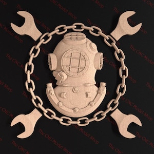 May include: A wooden sculpture of a diving helmet with a chain and two wrenches. The sculpture is a light brown color and is set against a black background.