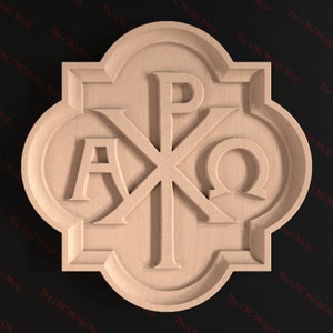 May include: A wooden plaque with a carved design of the Greek letters Alpha and Omega, with a cross in the center and the letter P above the cross. The letters are in a stylized font and the plaque has a rounded, ornate border.