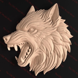 May include: A detailed wooden carving of a wolf's head with a snarling expression. The wolf's fur is carved in a realistic style, and its teeth are bared.