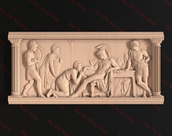 May include: A detailed wood carving of a scene from Greek mythology. The carving depicts a group of figures in classical dress, including a man reclining on a bench, a woman kneeling before him, and two other figures standing nearby. The carving is framed by two columns and is set against a plain background.