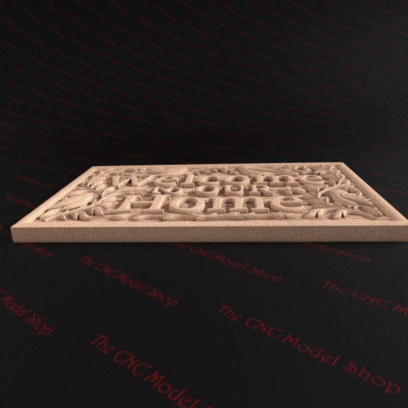 May include: A rectangular wooden welcome mat with the words "Welcome to our Home" carved into the surface. The mat has a light brown color and a decorative border.