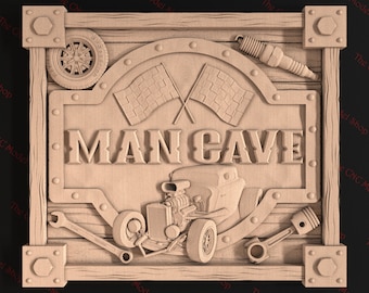 3D relief STL file of a Hot Rod Man Cave sign for CNC Router Carving