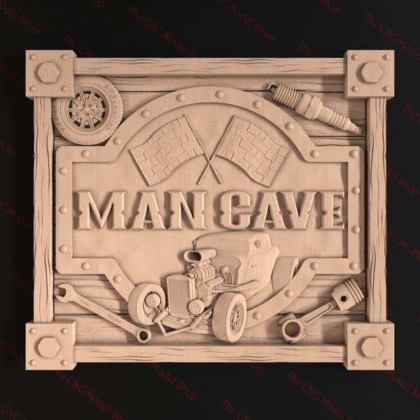 3D relief STL file of a Hot Rod Man Cave sign for CNC Router Carving