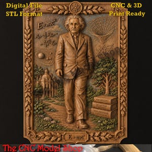 May include: A rectangular wooden relief carving featuring Albert Einstein in a suit, surrounded by scientific equations, a black hole diagram, a planetary system, a building, and a stack of books labeled Relativity, Quantum Physics, and Philosophiae Naturalis.
