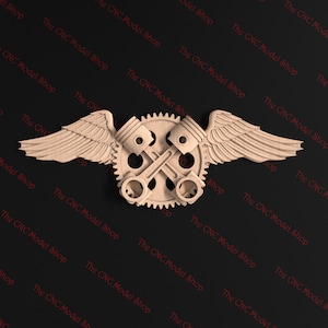 May include: A wooden wall decor with a gear, two pistons, and wings. The gear has a detailed design with multiple spokes and teeth. The pistons are crossed and connected to the gear. The wings are spread out on either side of the gear.