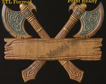 Crossed Viking Battle Axes with Custom Name Banner 3D Relief STL File for CNC Router Carving or 3D Resin Printing Decor