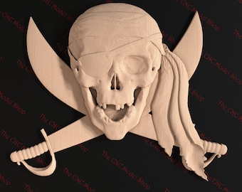 Pirate Skull and Swords, 3d stl relief file for cnc router carving, engraving or 3D printing