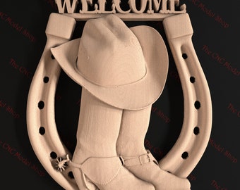 3D STL relief file of Western Welcome Sign for CNC router carving /engraving | Horseshoe | Boots | Western Hat | Cowboy | Cowgirl | Country
