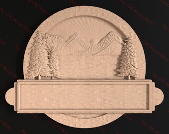 3D STL Datei eines Cabochon Schildes mit Tannen und Bergsee Szene zum cnc schnitzen/gravieren