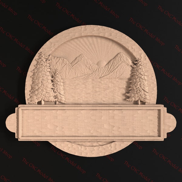 3D STL file of a Cabin Sign featuring pines and mountain lake scene for cnc carving/engraving