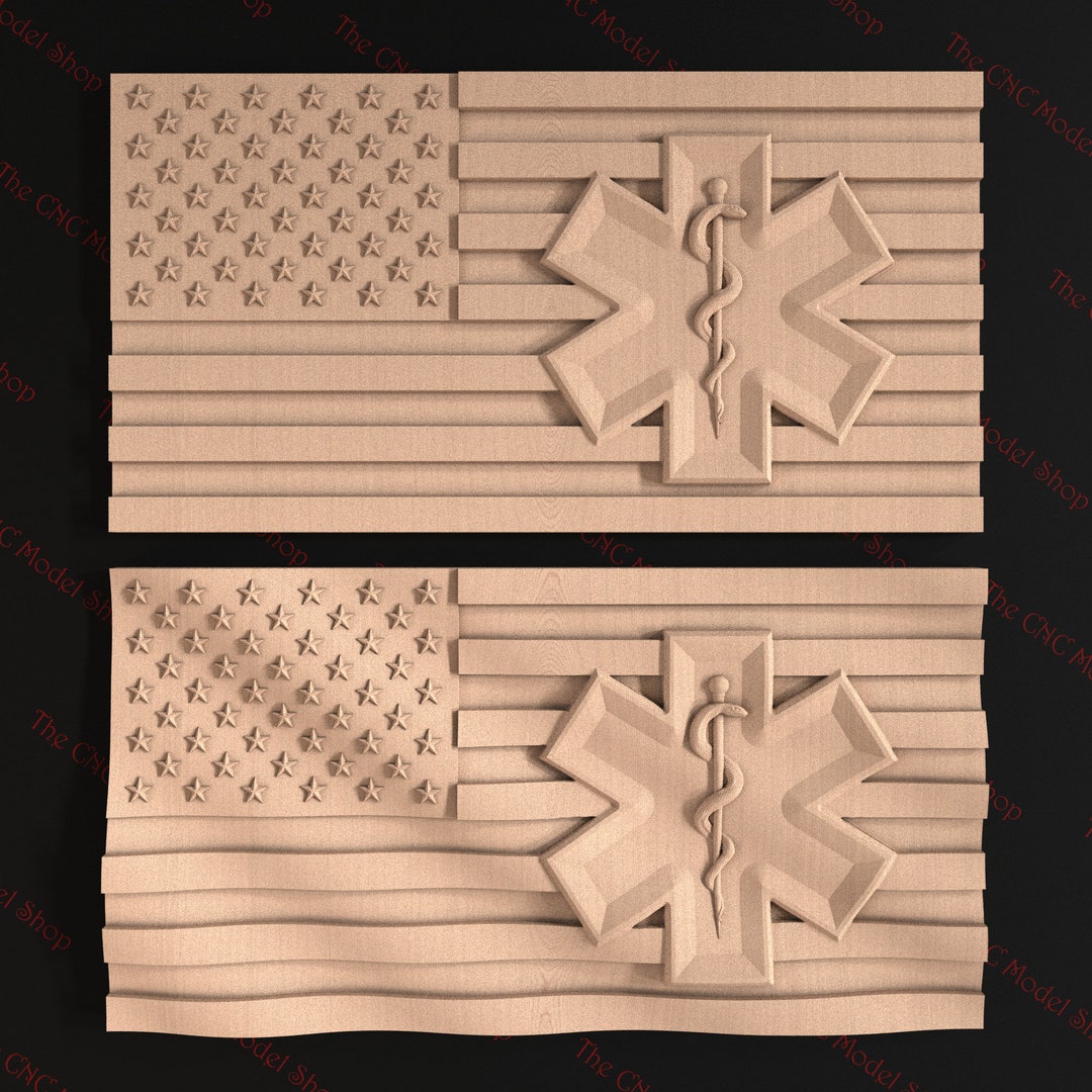 2 Pcs. 3D STL CNC Router File of the American Flag With Medical Symbol ...