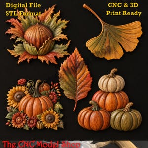 5er-Pack, Herbsternte Nr. 8, 3D-Relief-STL-Datei mit Kürbisblättern für CNC-Fräsen oder 3D-Druck, Herbstdeko-Set für Thanksgiving