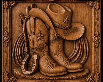 Cowboy Boots Hat and Lasso 3D Relief STL File for CNC Router Carving or 3D Resin Printing, Western Ranch Wall Art Digital Model
