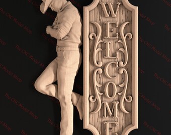 Archivo STL en relieve 3D de un cartel de bienvenida con un vaquero inclinado para el tallado del enrutador CNC