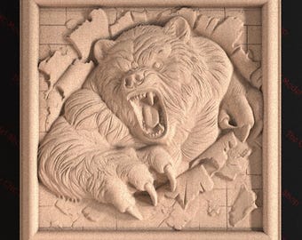 Roaring Bear Wall Break 3D STL Relief File for CNC Router Carving or 3D Resin Printing - Fierce Wildlife Wall Art