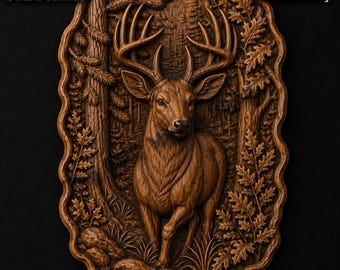 Majestic Whitetail Buck Forest 3D Relief STL File for CNC Router Carving or 3D Resin Printing, Rustic Wildlife Wall Art Model
