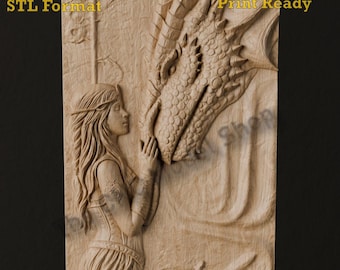 Fantasy Maiden and Dragon 3D Relief STL File for CNC Router Carving or 3D Resin Printing Mythical Wall Art Design