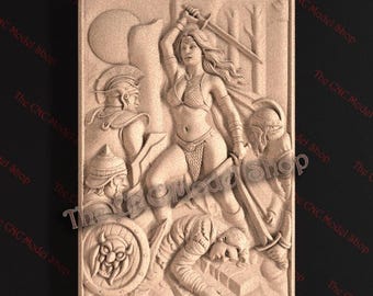 Warrior Woman in Battle 3D Relief STL File for CNC Router Carving or 3D Resin Printing – Epic Fantasy Heroine Design