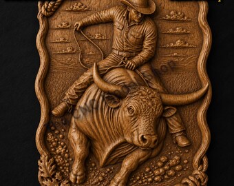 Longhorn Bull Rider Cowboy 3D Relief STL File for CNC Router Carving or 3D Resin Printing, Western Rodeo Wall Art Digital Model