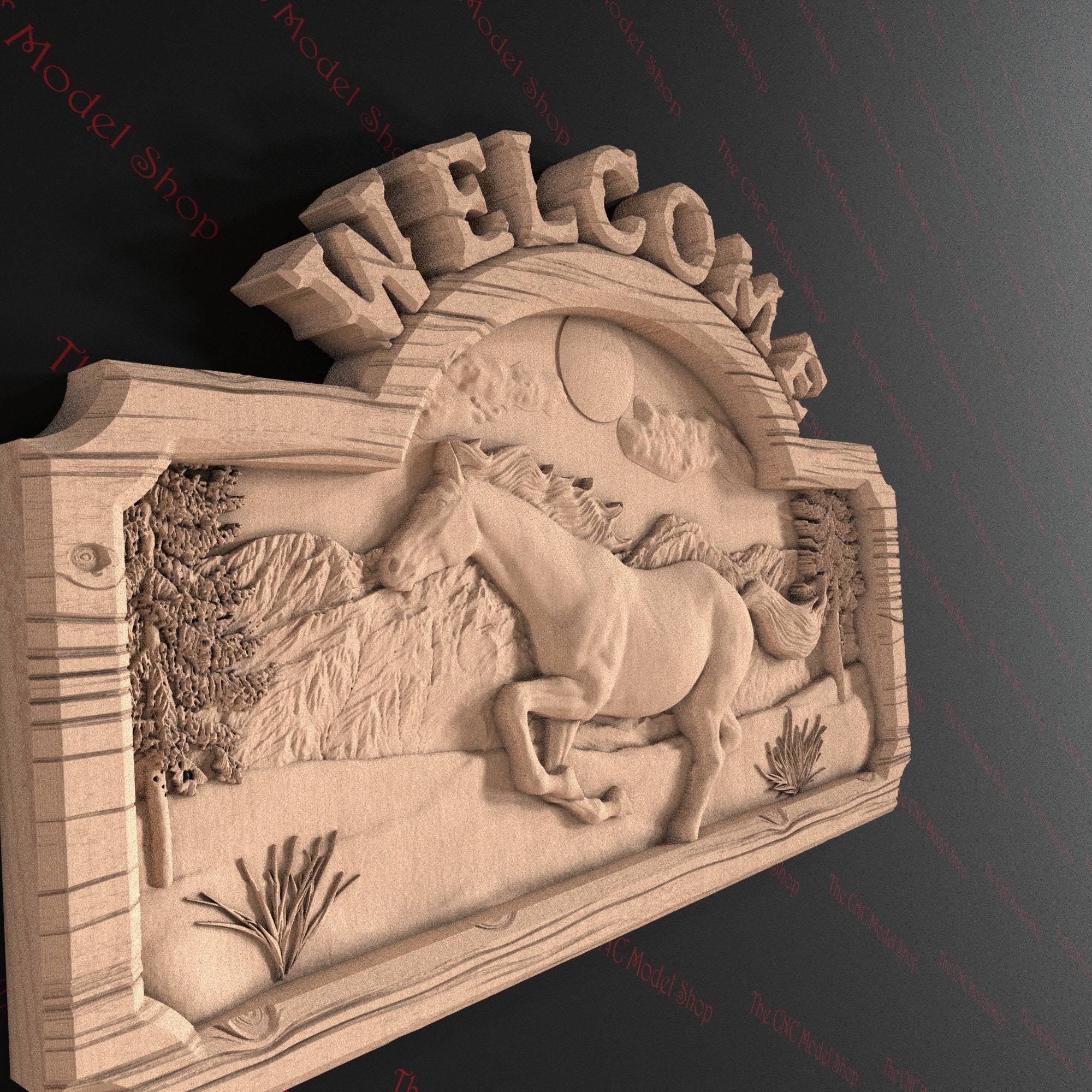 3D Relief STL File of a Welcome Sign Featuring a Running Horse for CNC ...