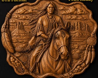 Native American Horseback Rider 3D Relief STL File for CNC Router Carving or 3D Resin Printing, Western Plains Wall Art Model Decor
