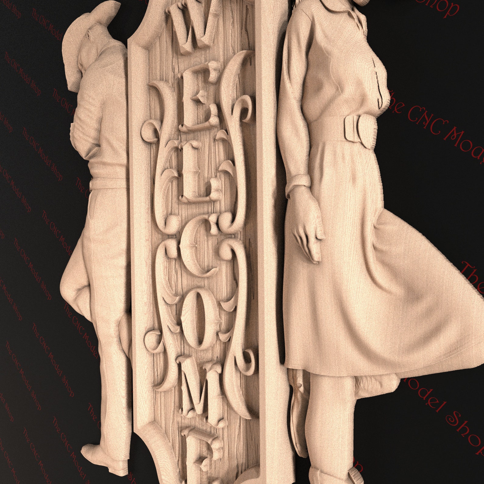 3D Relief STL File of a Welcome Sign With Cowboy and Cowgirl Leaning ...
