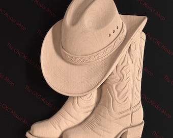 3D STL relief file of Cowboy Boots and Hat for CNC router carving /engraving | Boots | Western Hat | Cowboy | Cowgirl | Country