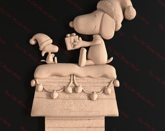 May include: A wooden carving of Snoopy and Woodstock in a Christmas scene. Snoopy, wearing a Santa hat, sits atop a doghouse holding a gift. Woodstock is also wearing a Santa hat. A string of lights decorates the doghouse.