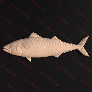 May include: A detailed, light brown, wooden carving of a fish. The fish is sculpted in a realistic style with scales and fins.