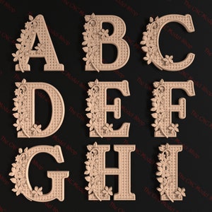 26 unidades. Arquivo STL em relevo 3D para CNC de todas as letras do alfabeto inglês com design decorativo floral e tecido