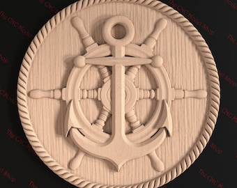 Emblema náutico com roda e âncora do navio, arquivo de relevo 3d .stl para escultura em roteador cnc, gravação ou impressão 3D