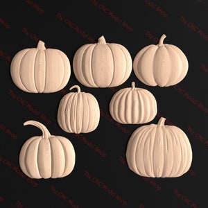 May include: Seven wooden pumpkins in various sizes and shapes. The pumpkins are all a light brown color and have a wood grain texture.