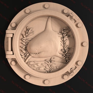 Shark in Porthole wall art, 3D relief STL file CNC carving / engraving