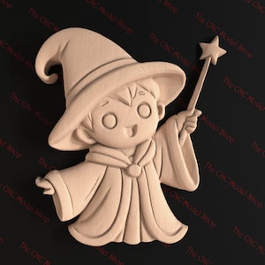 May include: A wooden carving of a cartoon wizard with a pointed hat and a star-tipped wand. The wizard wears a cloak and has a smiling expression. The CNC Model Shop is printed on the background.