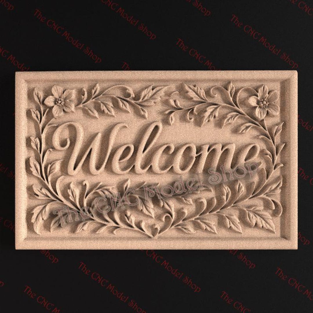 Welcome Sign Floral 3D Relief STL File for CNC Router Carving or 3D ...