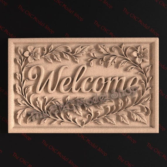 Welcome Sign Floral 3D Relief STL File for CNC Router Carving or