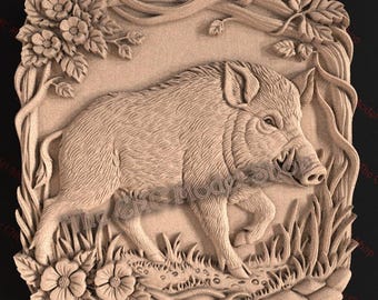 Plik STL z reliefem 3D dzika do rzeźbienia na frezarce CNC lub druku 3D z żywicy – scena ze zwierzętami leśnymi z obramowaniem kwiatowym