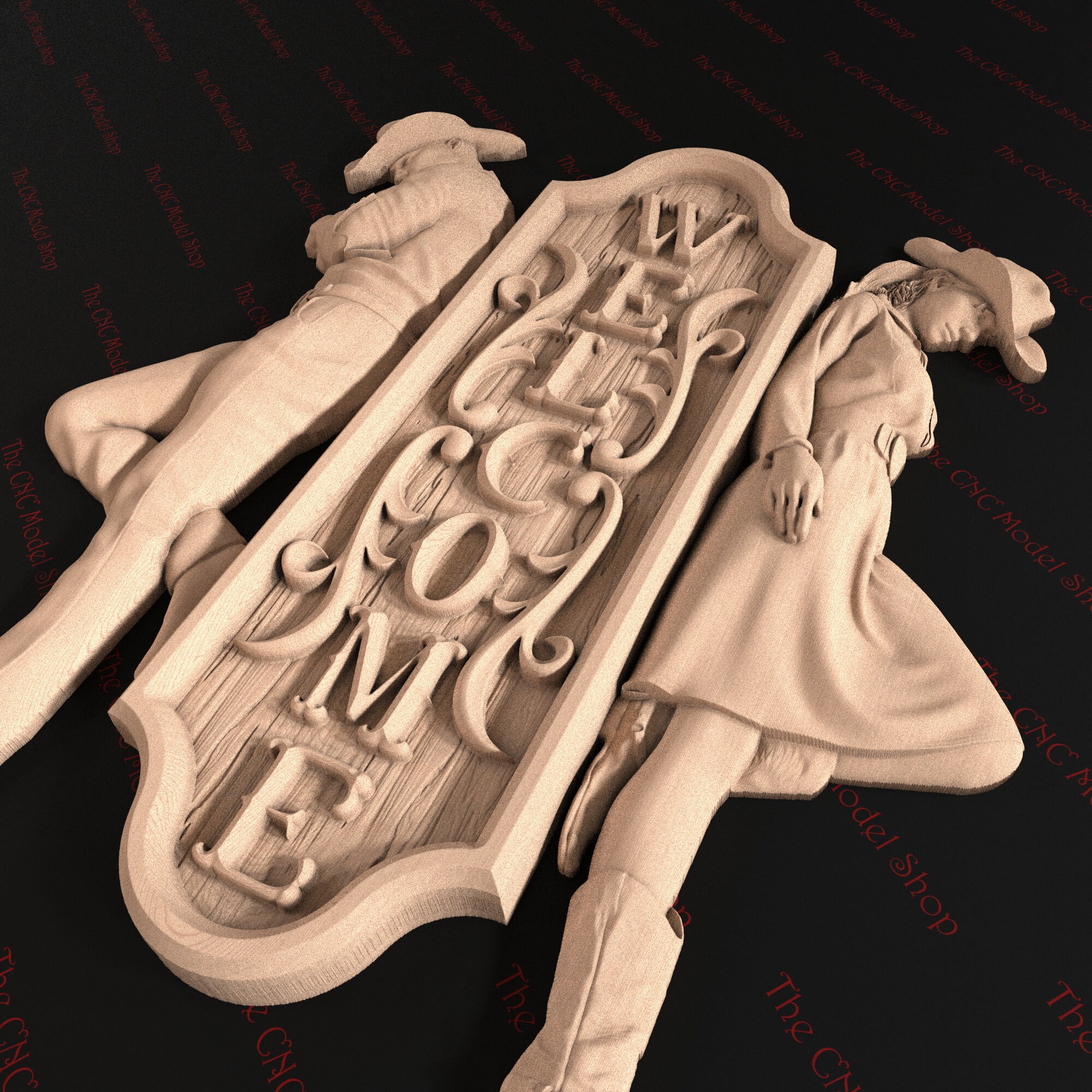 3D Relief STL File of a Welcome Sign With Cowboy and Cowgirl Leaning ...